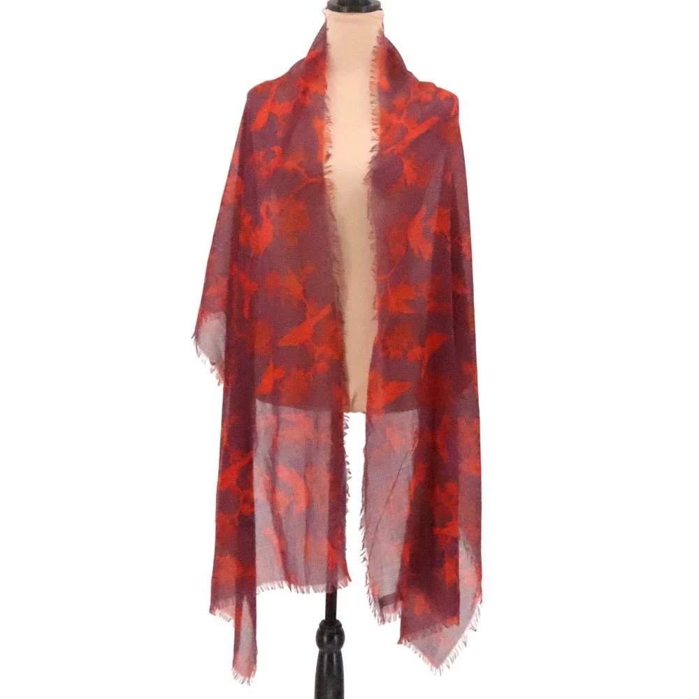 Lands End Floral Bird Print Lightweight Scarf Wrap Shawl Womens Fringe 24x84‎